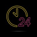 24 hours a day icon isolated on a dark background. Round the clock support symbol. Vector illustration of a colorful 24/7 neon